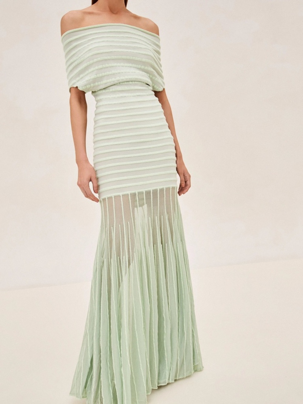 Alexis One-Shoulder Sheer-Panel Mint Green Evening Gown - Picture 3 of 4